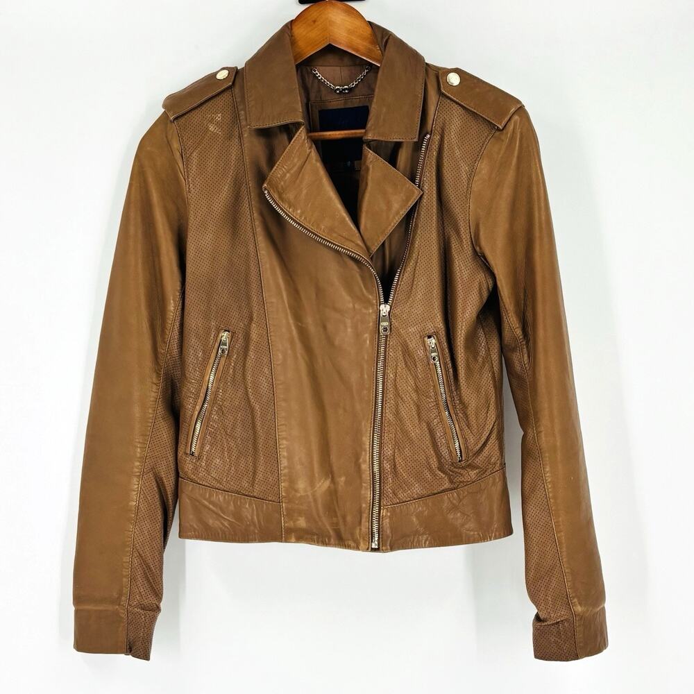 Cole HAAN Genuine Lambskin Moto Jacket Womens Small Brown Full Zip Biker